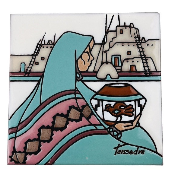 Teissedre Native Woman Pot Basket Decorative Art Tile Home Decor‎ Trivet Coaster - Picture 1 of 6
